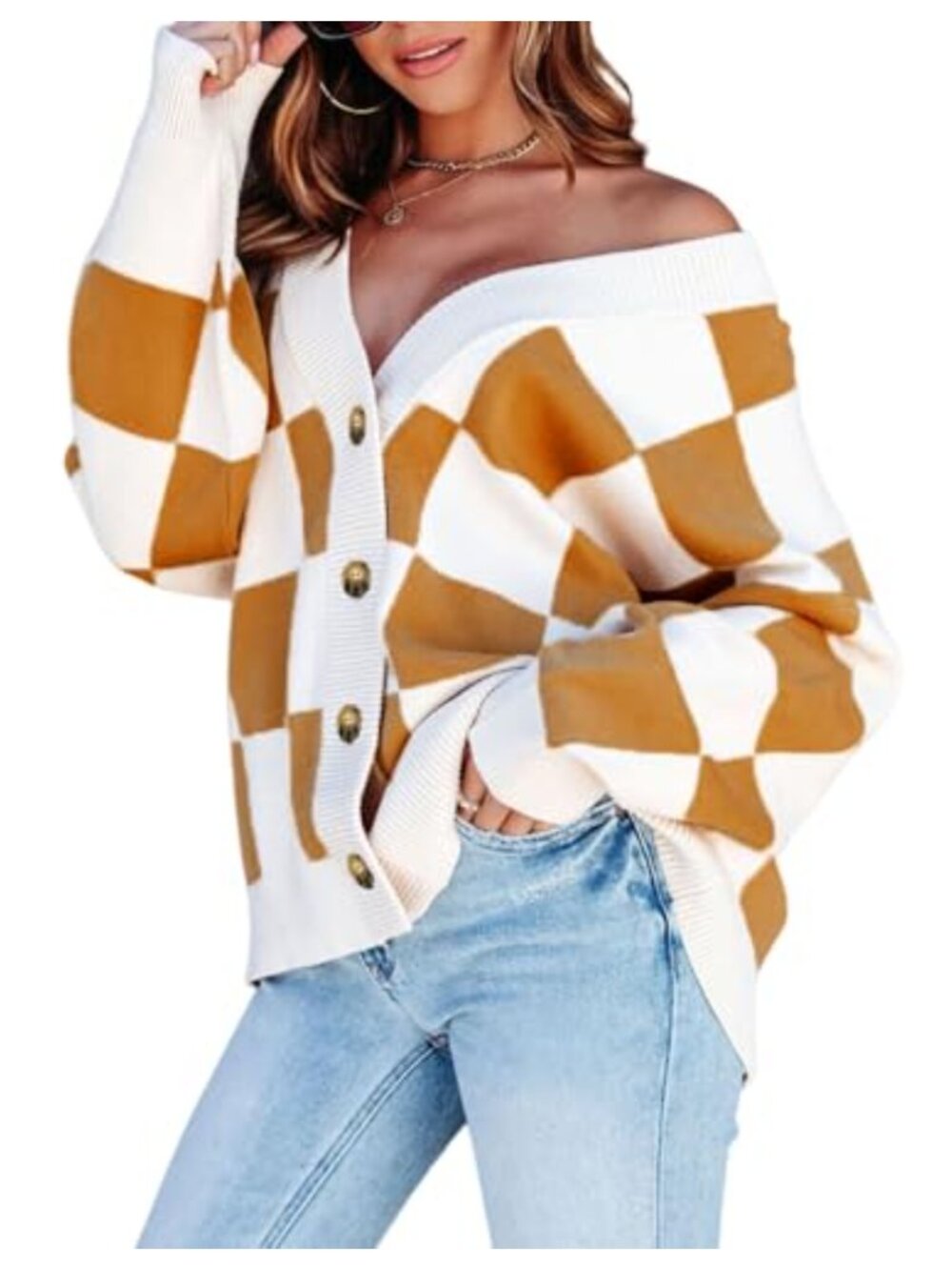 Dokotoo Womens Plaid V Neck Button Down Cable Knit Oversized Cardigan Sweater